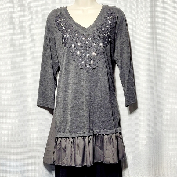 Style & Co. Tops - Style & Co. Gray V-neck Lace & Rhinestone Embellished Top (XL)